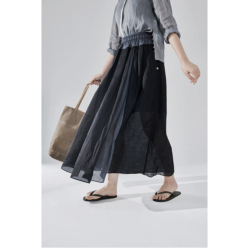 春夏新品轻薄苎麻黑色撞色松紧腰部抽绳双层宽松半身裙长裙大摆裙