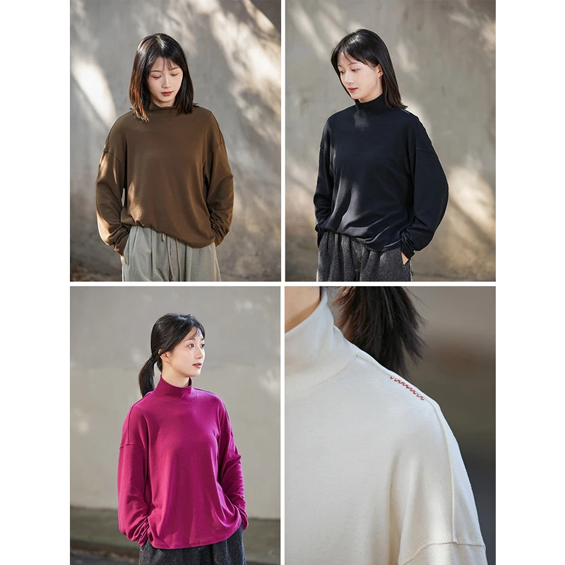 文艺复古休闲女装  春秋冬款莫代尔小高领百搭针织打底衫长袖T恤