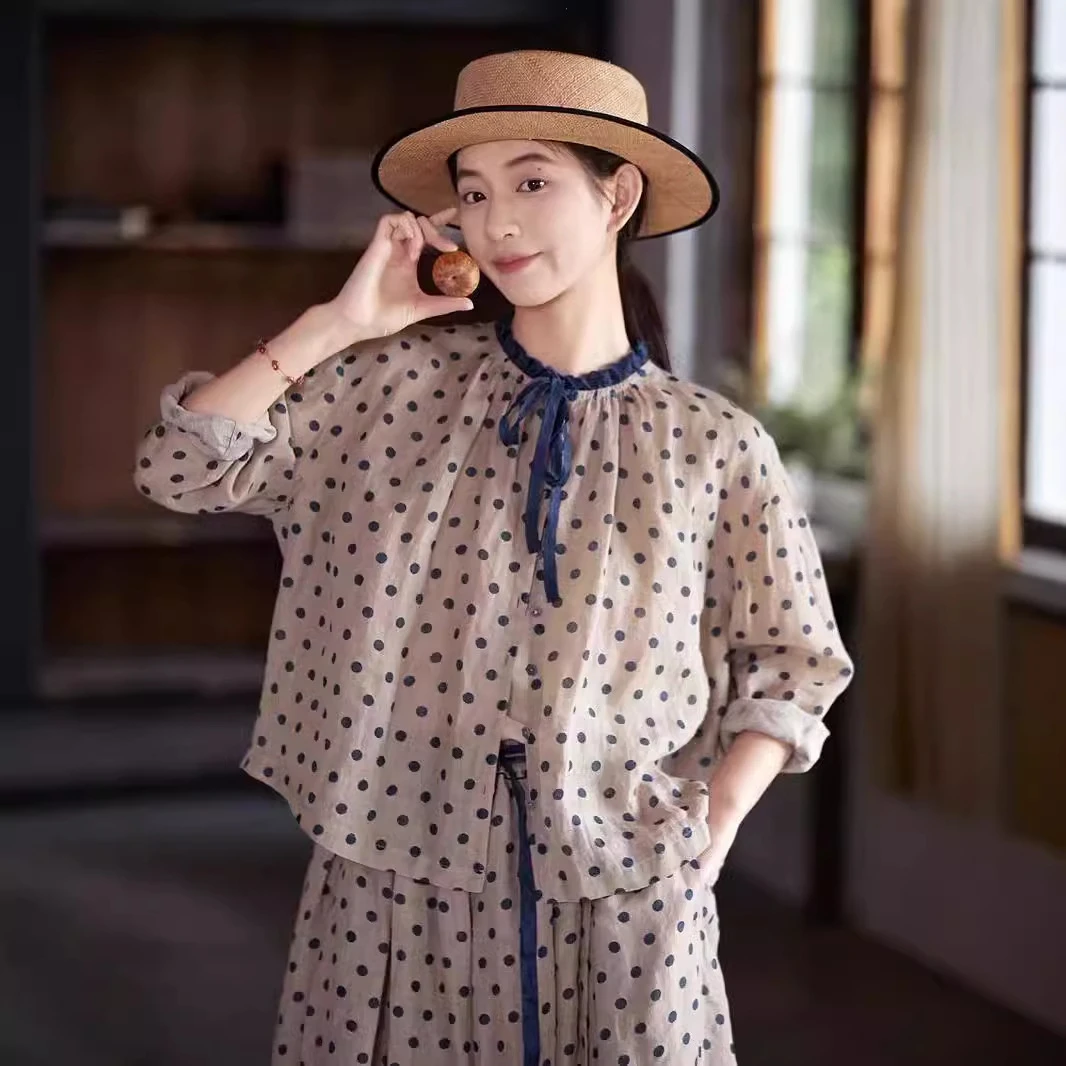 秋季上衣新款复古原创女装蓝衬衣洋气亚麻木耳花边领女圆领小衬衫