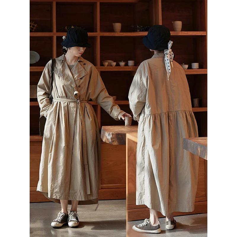 长袖休闲女装秋季宽松气质大漠色西装领长款风衣中长款连衣裙同款