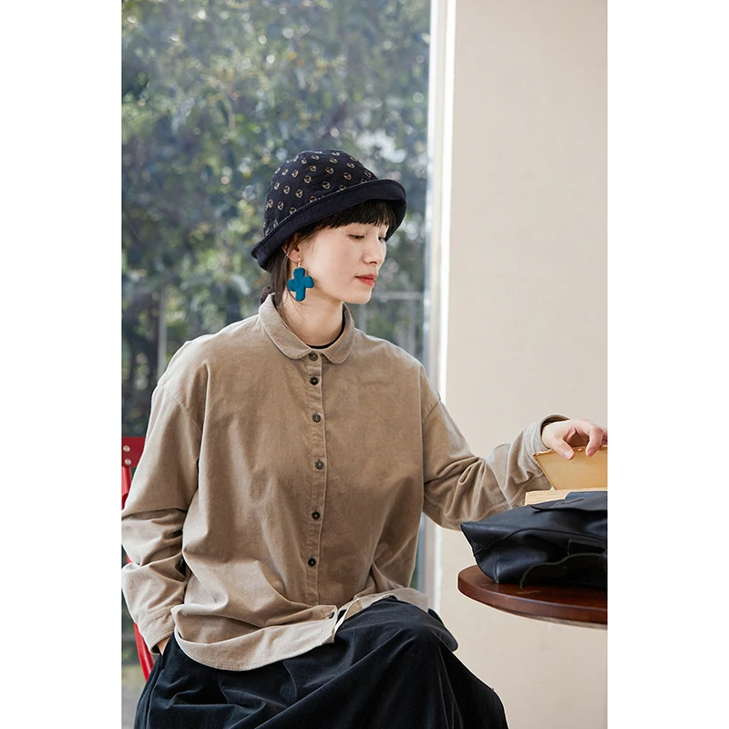 冬季新款文艺复古原创女装休闲简约奶茶色棉氨纶宽松保暖亲肤衬衫