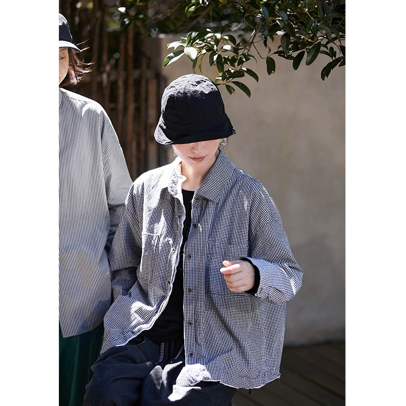 秋季新品 文艺复古原创休闲蓝白格棉复古柔软双层宽松显瘦女外套