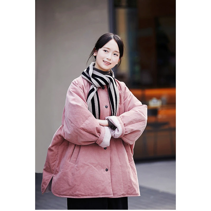 冬季新品文艺复古原创女装樱花粉宽松衬衫式休闲简约保暖羽绒服