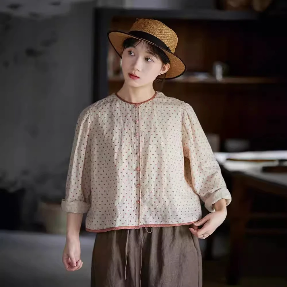 文艺复古夏季原创休闲橘红碎花衬衫亚麻棉做旧显瘦圆领小衬衫