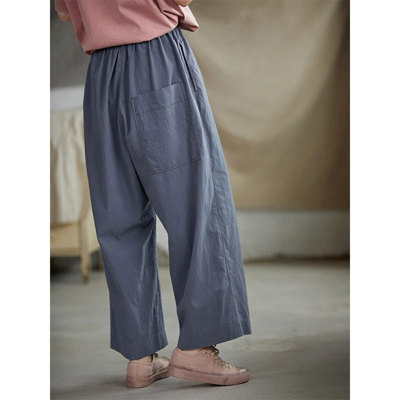 夏季原创蝉灰强捻纯棉阔腿裤八分裤薄款宽松松紧腰显瘦休闲裤女