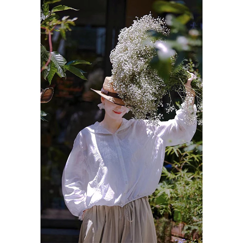 秋季上衣文艺复古原创女装贝白色棉海军领绣花超薄宽松百搭衬衫