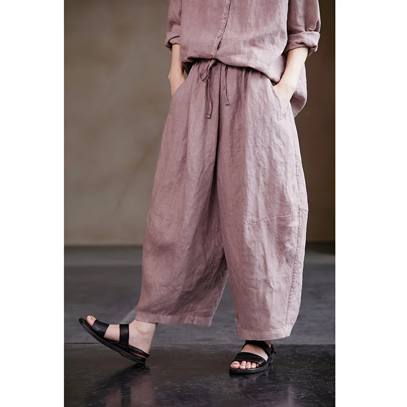 秋季新品流行复古原创女装皮粉汉麻成衣染色高级碧纹染宽松萝卜裤