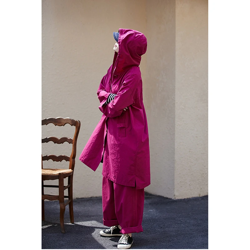 春秋新品 文艺复古秋莓紫色汉麻棉宽松休闲连帽中长款风衣外套女