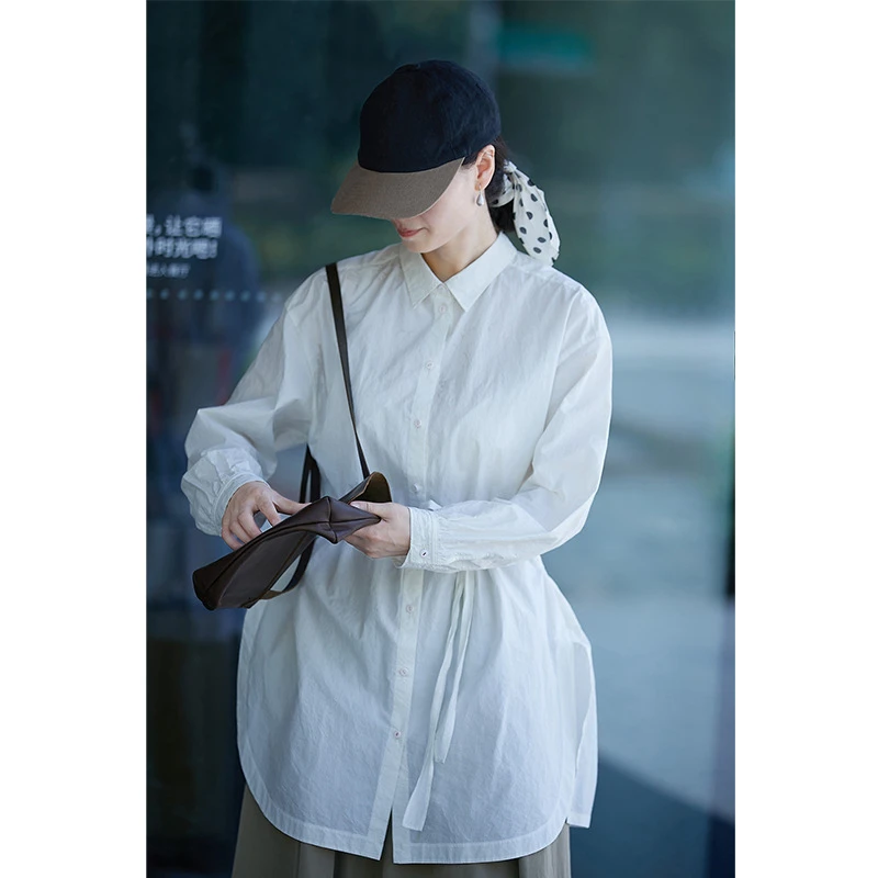文艺休闲女装 秋装新款高密长绒中长款翻领宽松开襟赫本白衬衫女