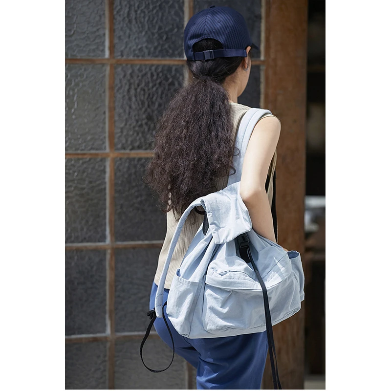 春夏新品时尚日韩都市休闲浅蓝色棉质双肩包大号休闲背包女ins