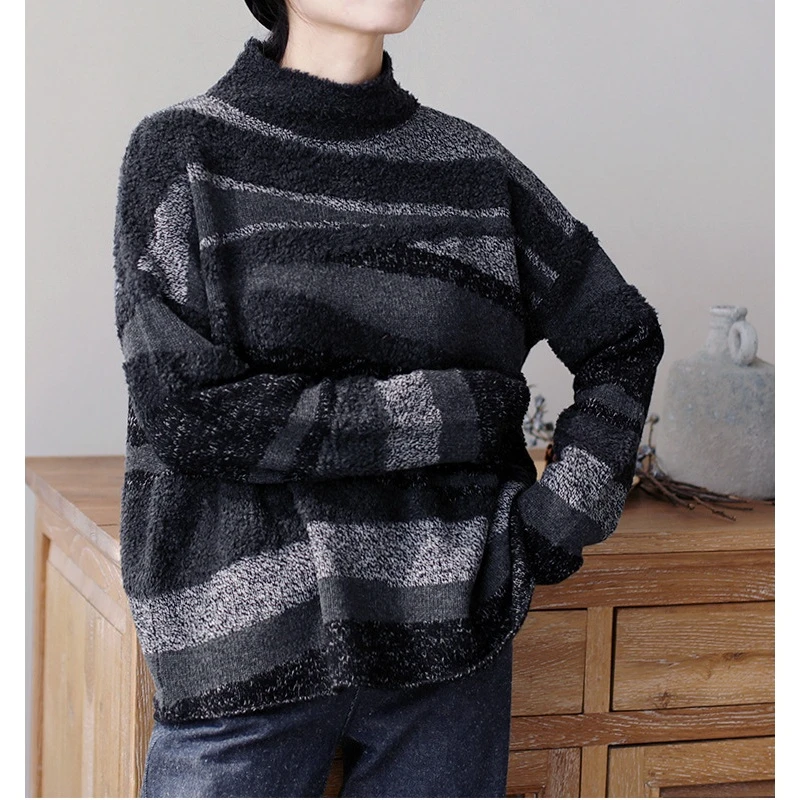 2021冬新 文艺复古美丽奴羊毛黑白系撞色山河画针织高领套头毛衣