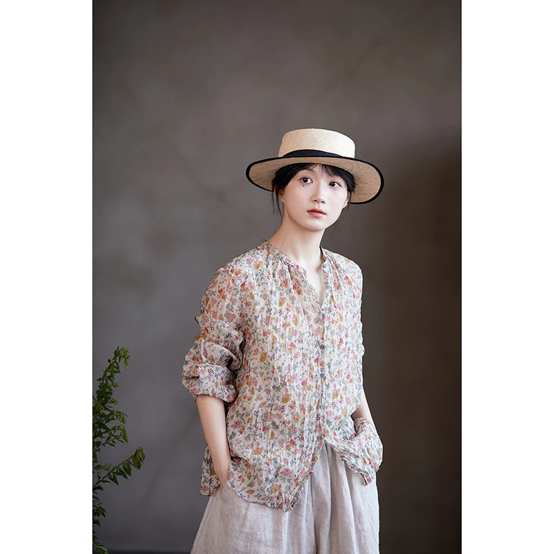 文艺休闲秋季新品原创复古女装灰彩碎花桑蚕丝棉轻薄独特女衬衫