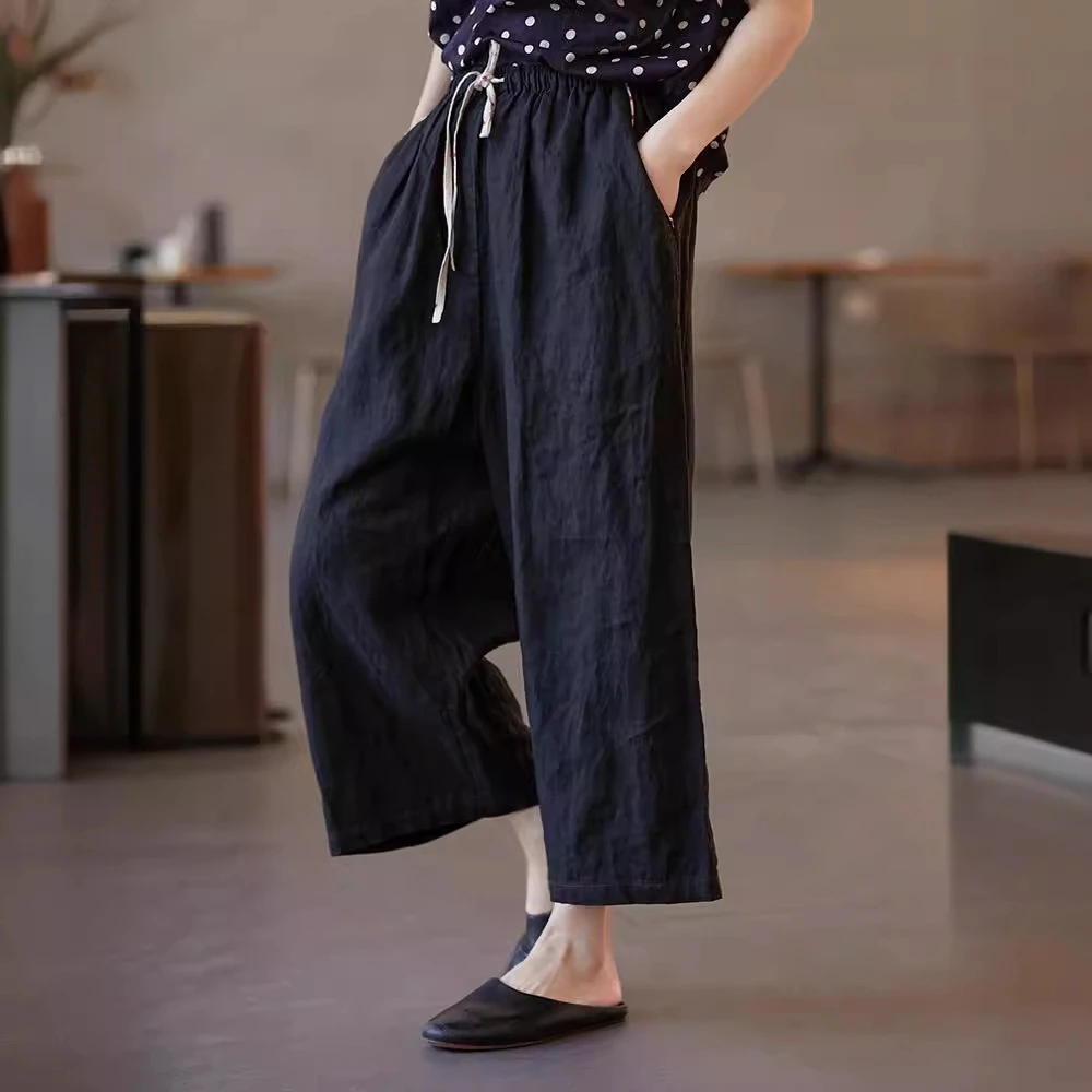 复古原创女装八分裤夏款雅墨黑纯亚麻松紧腰休闲百搭七分萝卜裤