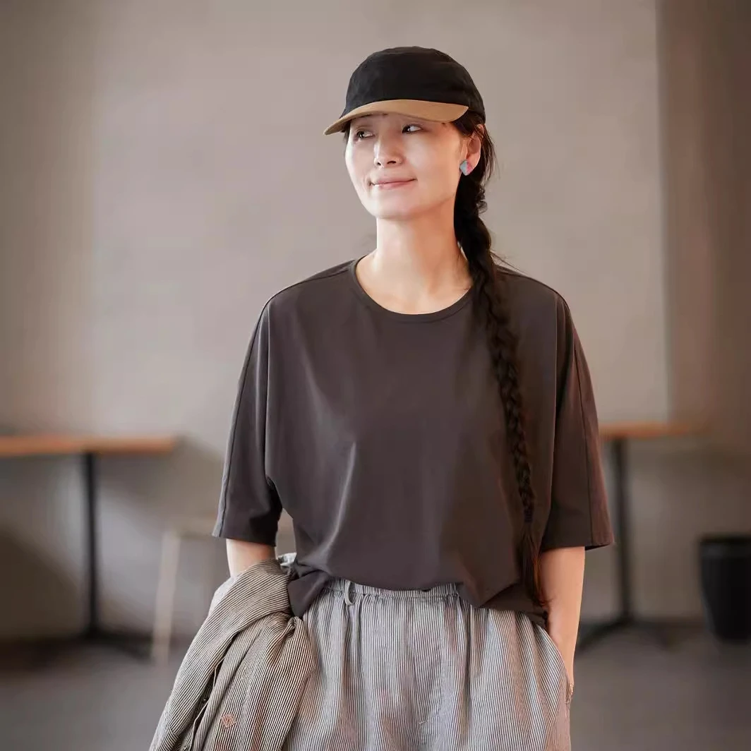 夏季文艺复古原创休闲女装灰色百搭棉圆领宽松显瘦连身袖短袖T恤