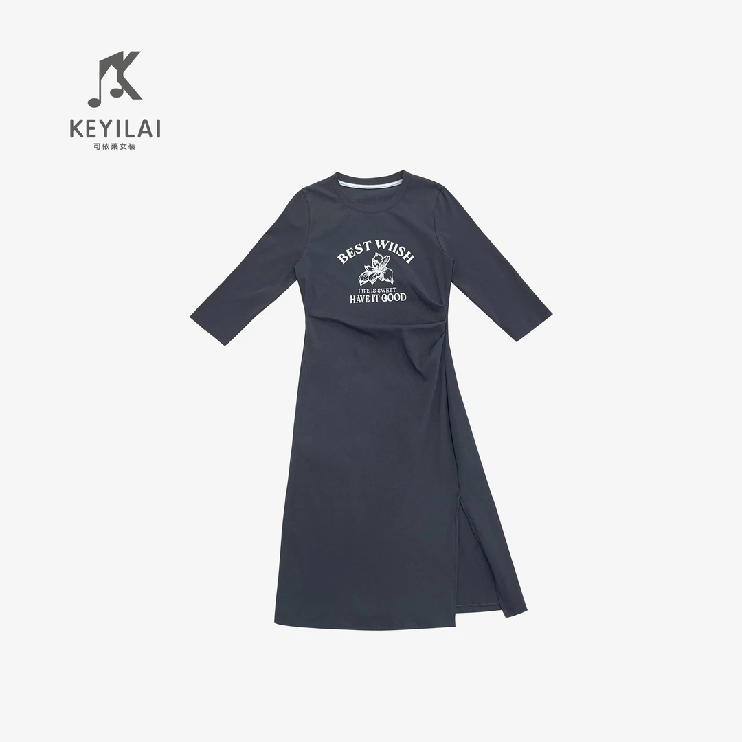 KYL可依莱-印花褶皱显瘦连衣裙开叉休闲T恤裙4Q1I0902