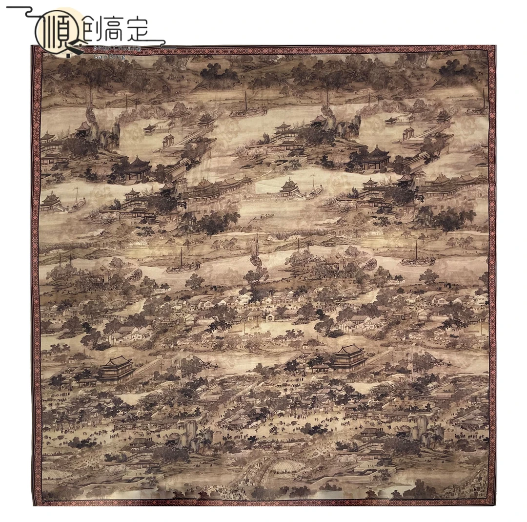 JZ清明上河图140x140花萝新中式围巾丝巾披肩时尚气质百搭女士