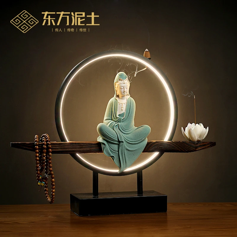 订天下 陶瓷禅意小观音菩萨佛像摆件 新中式客厅装饰工艺品灯圈