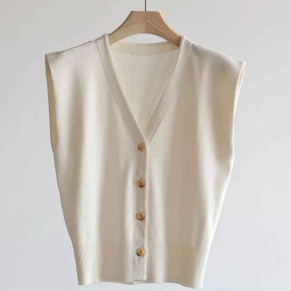 【依格歌优选现货】V领无袖开衫冰丝曲珠垫肩可外穿马甲背心上衣