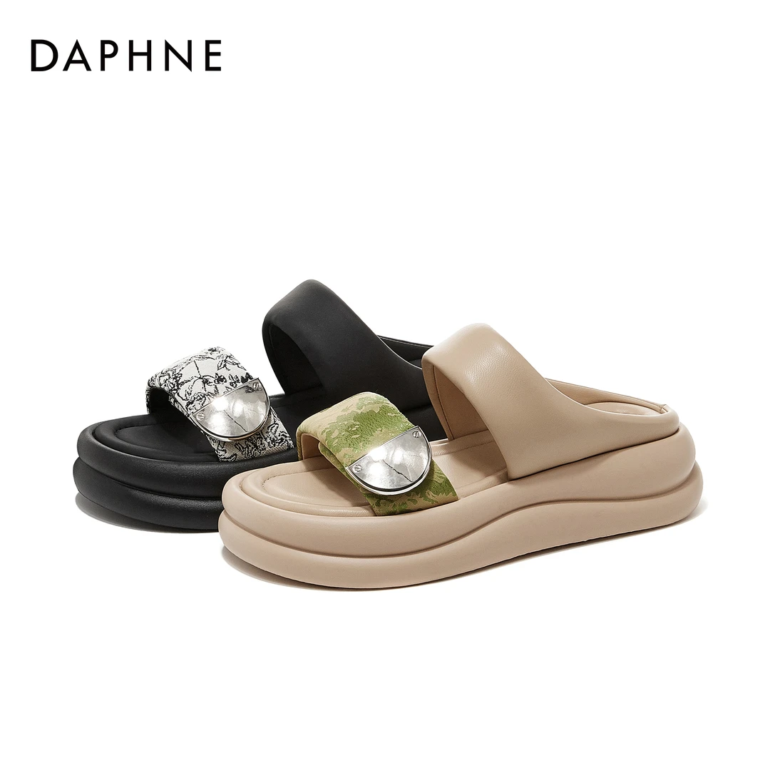 达芙妮女式夏季时尚休闲2024外穿透气舒适软底圆头复古套脚一字拖