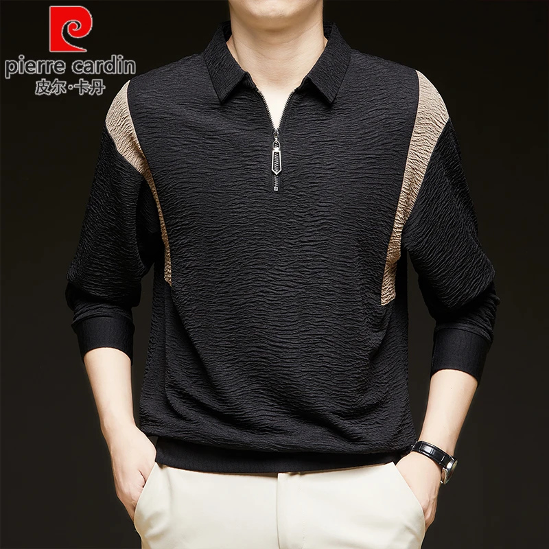 皮尔卡丹高档轻奢男士长袖POLO衫桑蚕丝免烫春秋打底翻领拉链T恤
