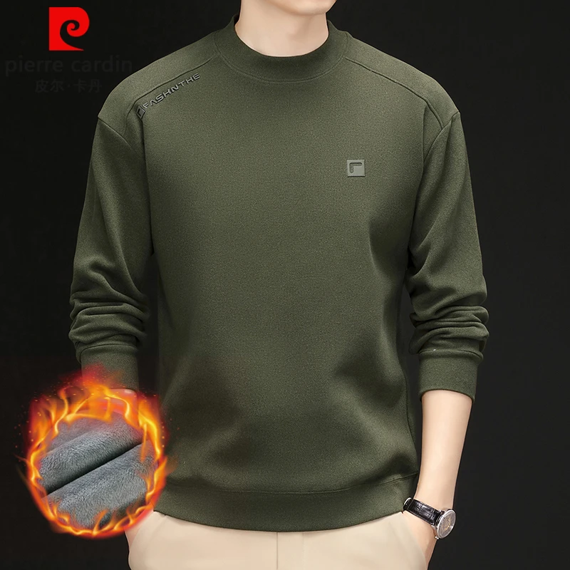 【德绒保暖】皮尔卡丹冬季新款纯色卫衣男士圆领舒适时尚加绒打底衫