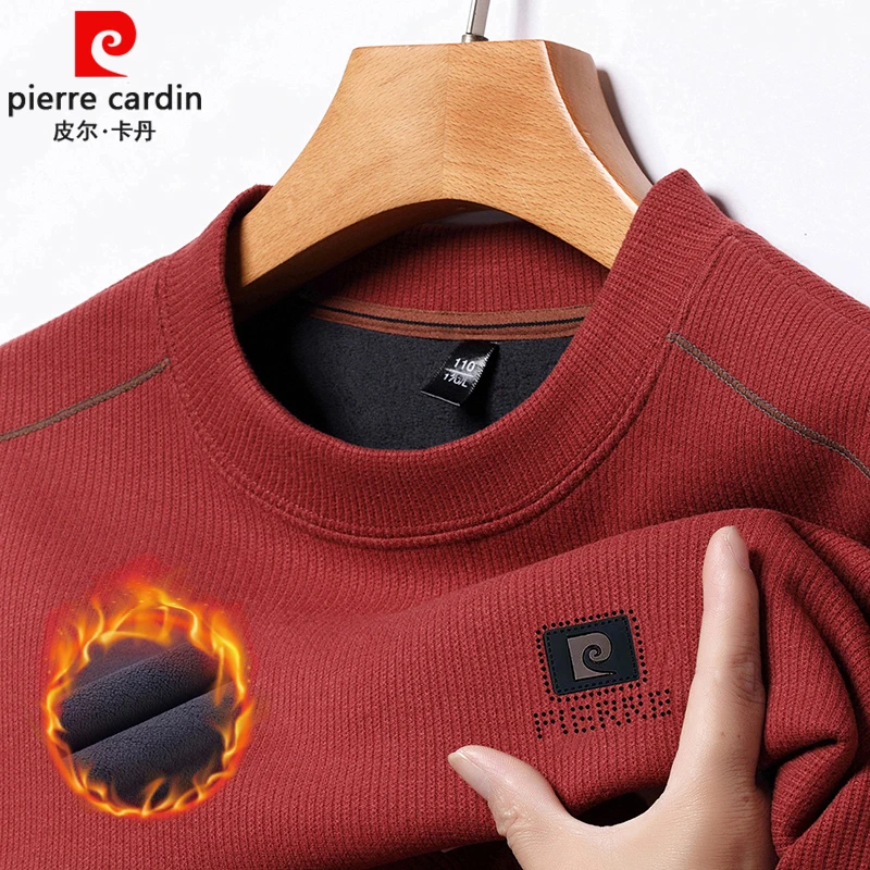 【绵羊毛+桑蚕丝】皮尔卡丹加绒加厚卫衣男士冬季保暖圆领针织上衣