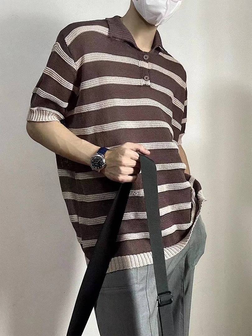 春季新款条纹撞色POLO针织衫男短袖翻领宽松百搭上衣新潮黑白镂空