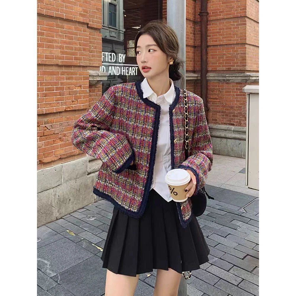 33015小香风粗花呢外套女秋季高级感宽松洋派名媛格子短款上衣