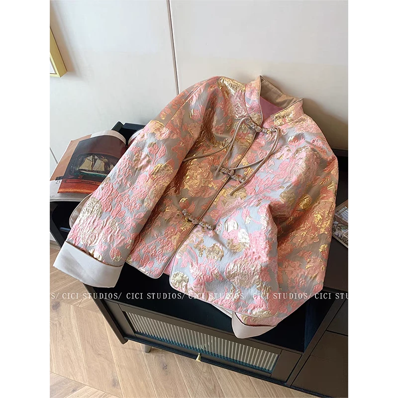 99072高级感国风印花立领衬衣外套女2025新款复古新中式短上衣