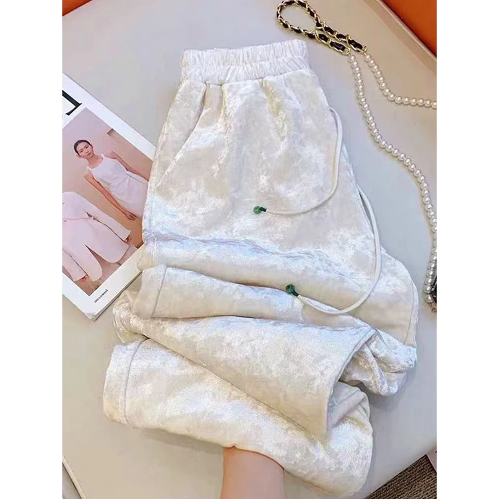 99119金丝绒新中式国风松紧腰休闲长裤女士复古百搭垂感阔腿裤