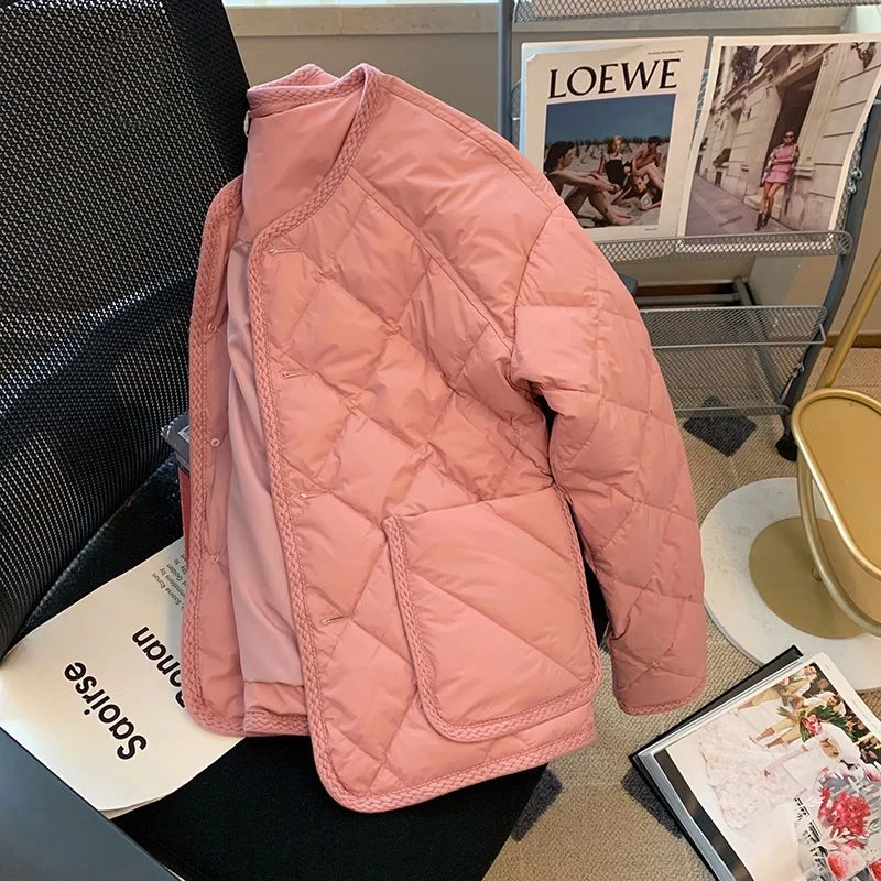 1465粉色菱格轻薄棉服女秋冬新款百搭休闲温柔保暖短款夹棉外套