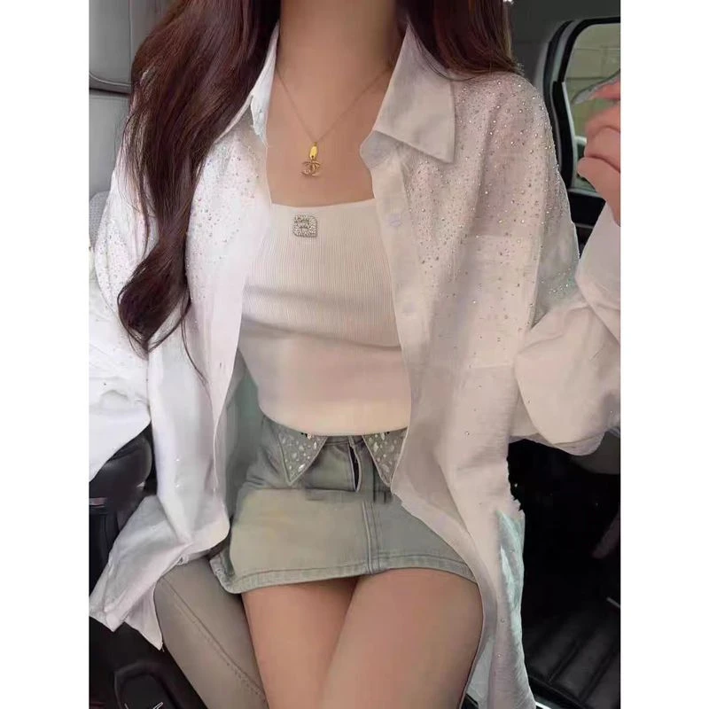 99903烫钻防晒白色衬衫2024新款女轻奢高级感衬衣夏休闲小个子