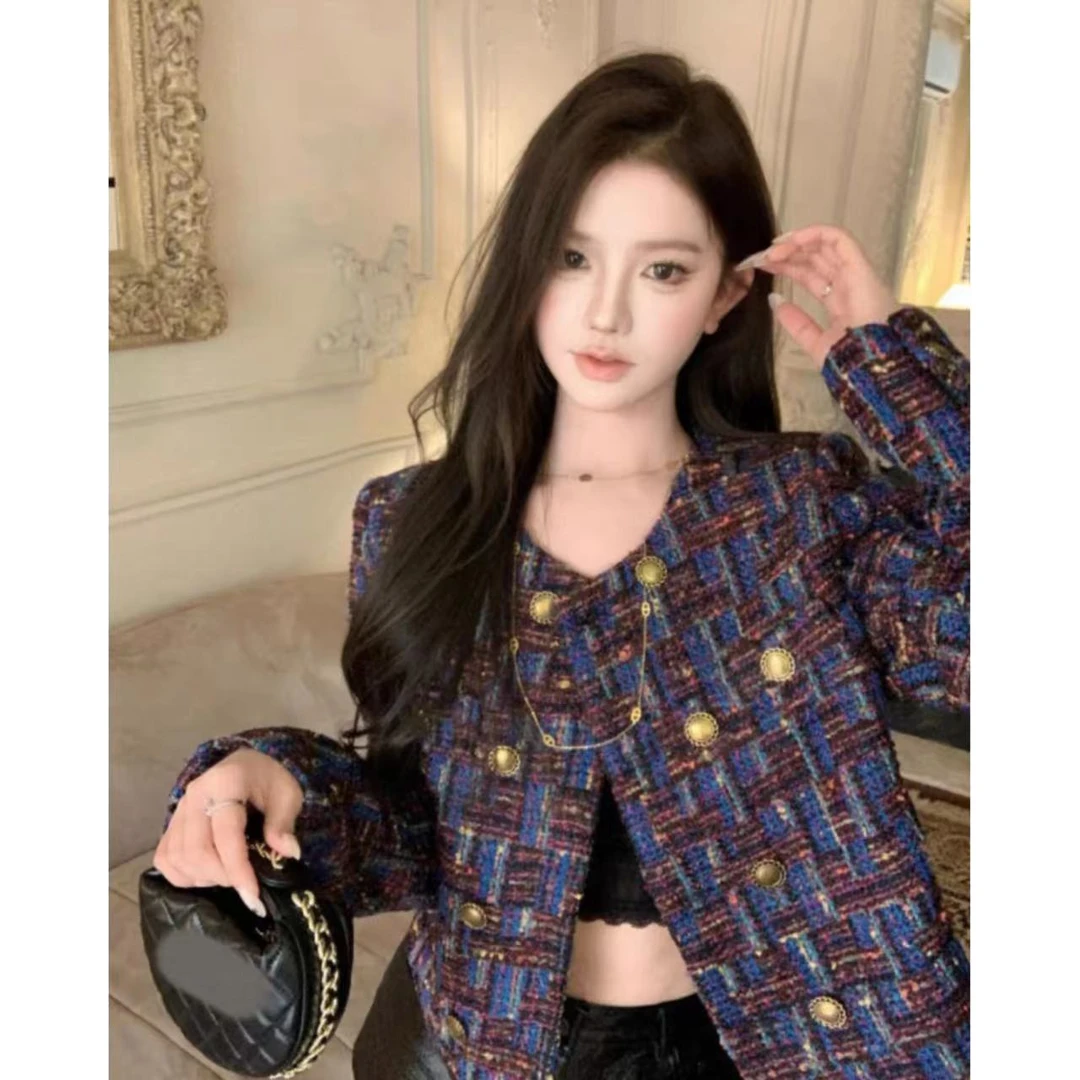 22261法式设计感小香风外套女秋冬新款粗花呢编织圆领显瘦上衣