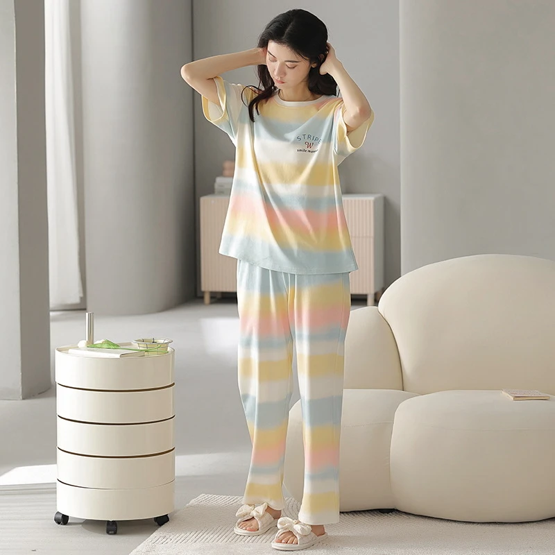 纯棉睡衣女士夏季套头短袖长裤夏天薄款全棉休闲可外穿家居服套装