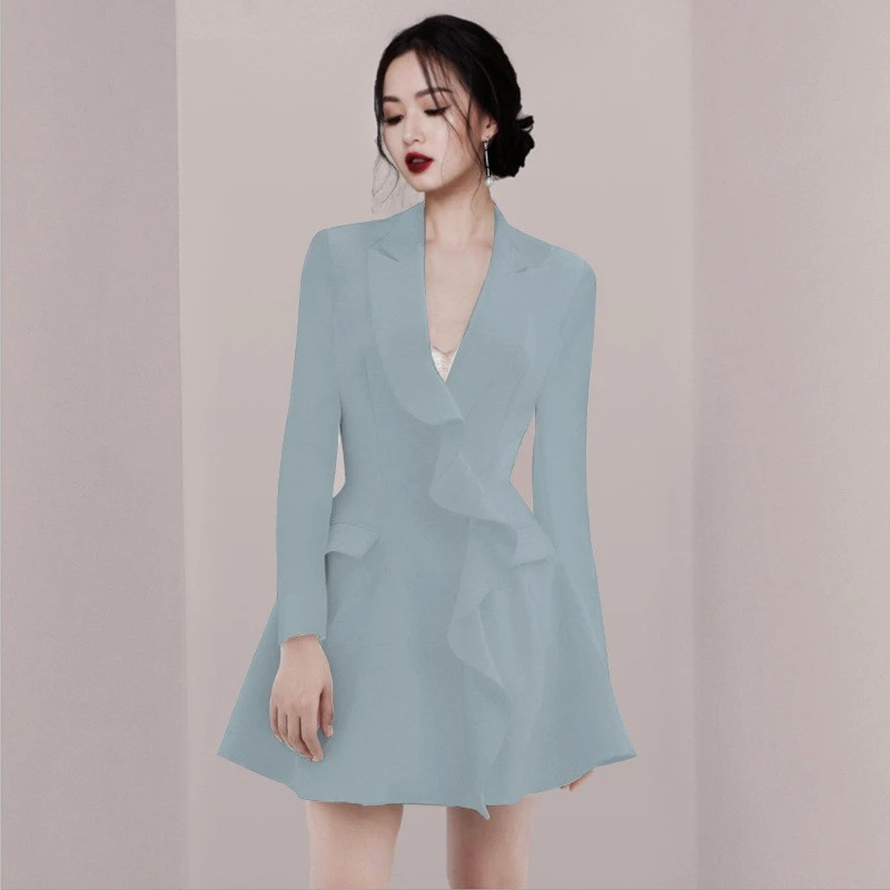 蓝色气质女装连衣裙2024春季时尚小众轻奢优雅修身收腰长袖a字裙