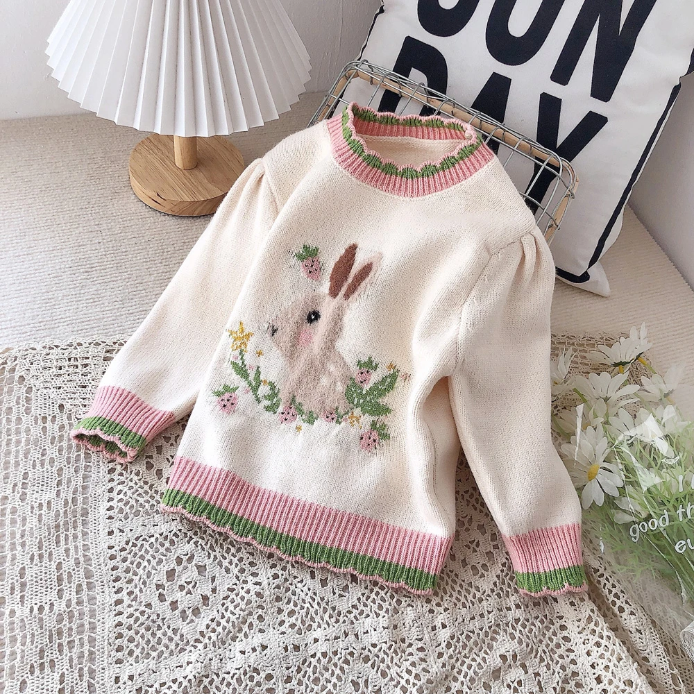 1008兔子毛衣儿童童装女宝宝小兔子提花保暖针织毛衣