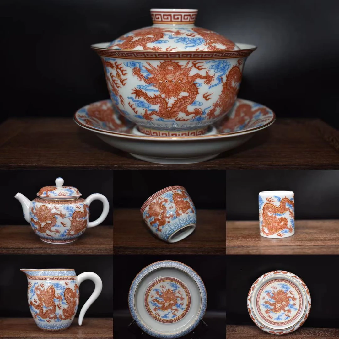 精美  高端茶具描金矾红龙纹茶具套组釉上送人自用中式主人杯茶杯