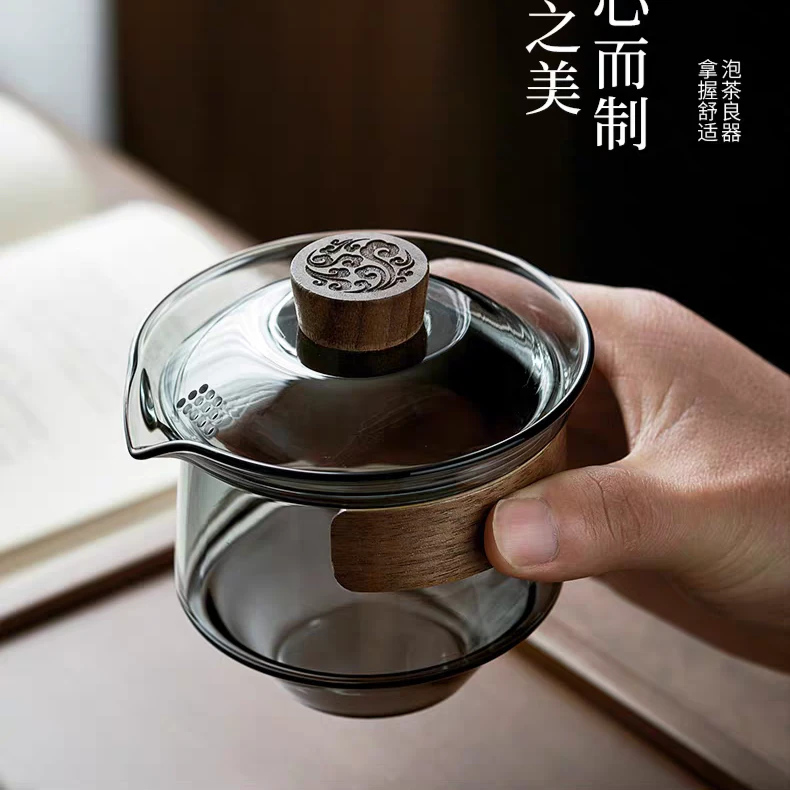【集莘堂】雕花盖碗鹰嘴防烫玻璃茶具带盖耐热茶隔手工加厚高硼硅
