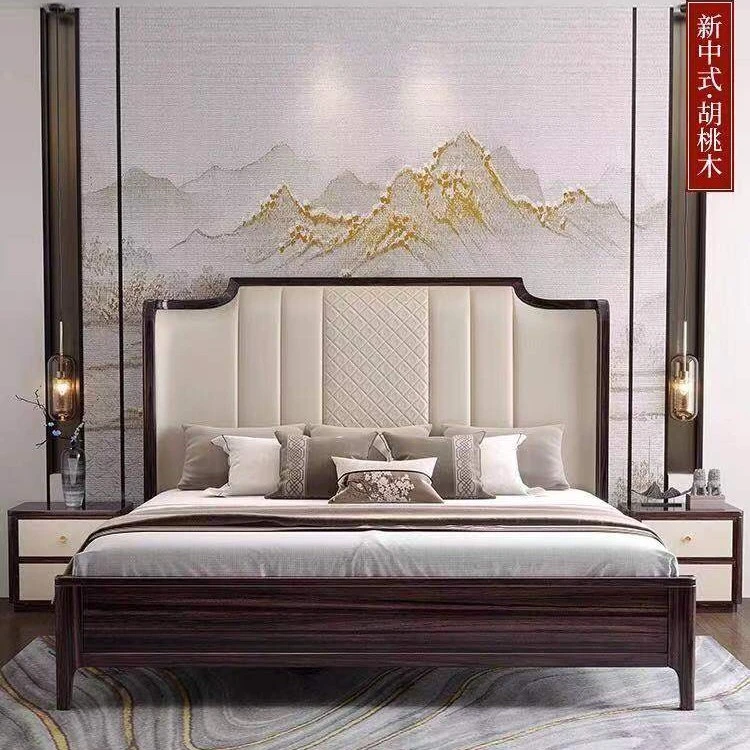 新中式胡桃木酒店实木床主卧室婚床抽屉高箱美式轻奢复古实木床