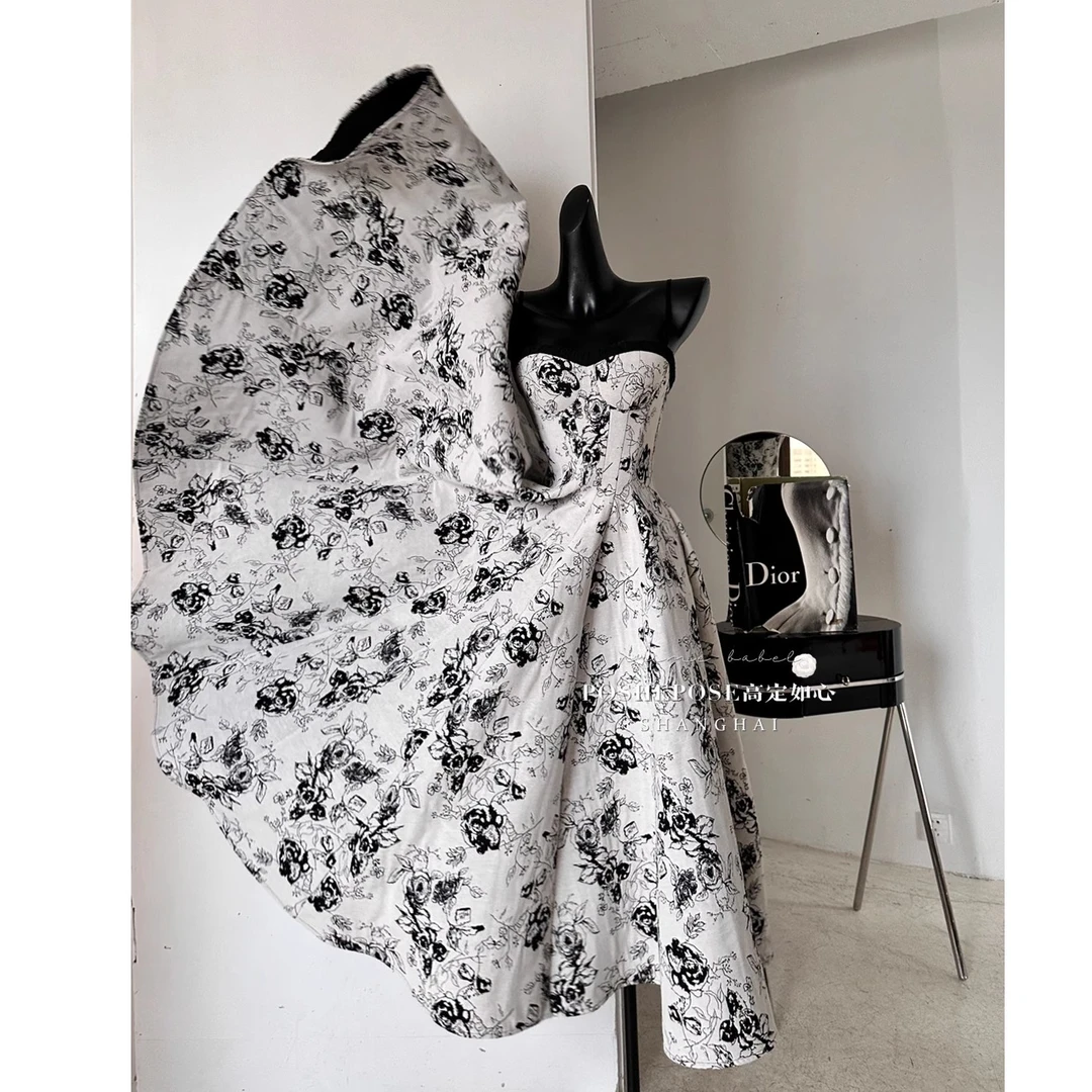 POSHEPOSE 高定如心【月桂诗·众灵加冕 】白底黑花长裙黑色碎花裙