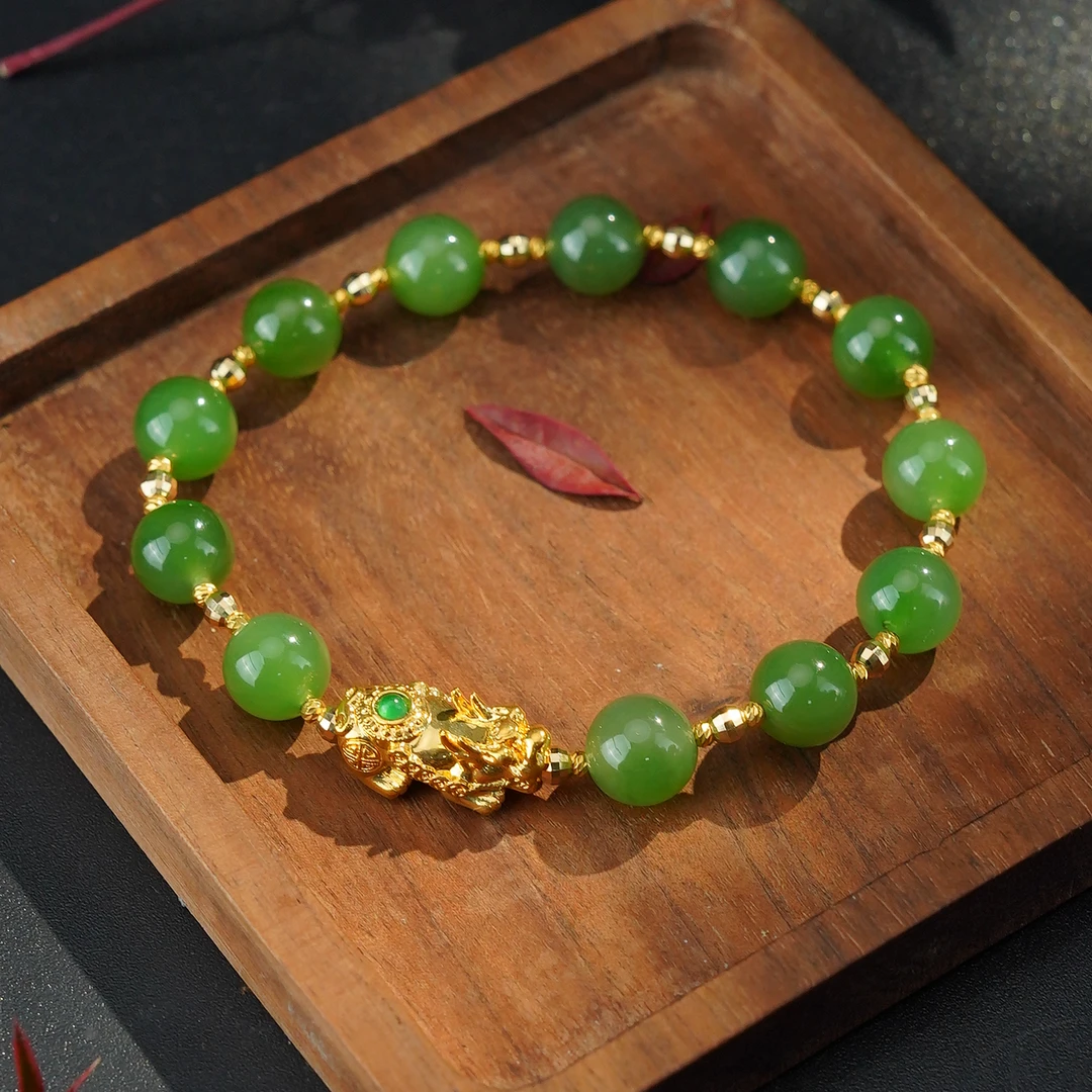 【胖艳】L*18k貔貅和田玉碧玉圆珠手串8mm@ZL003122217@