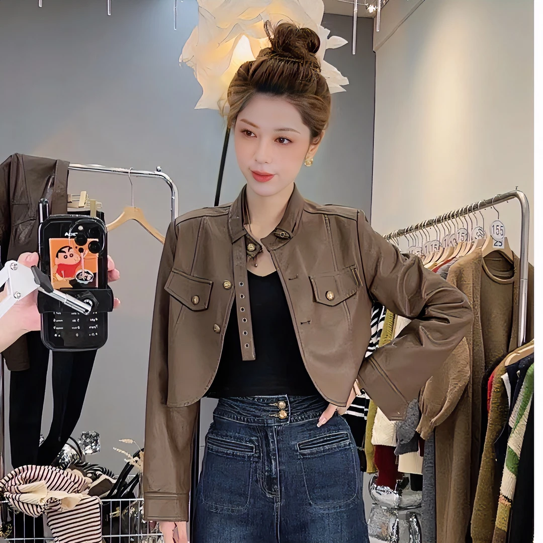 【编号167】百搭时尚休闲设计感立领皮衣短外套女 2023秋冬新款