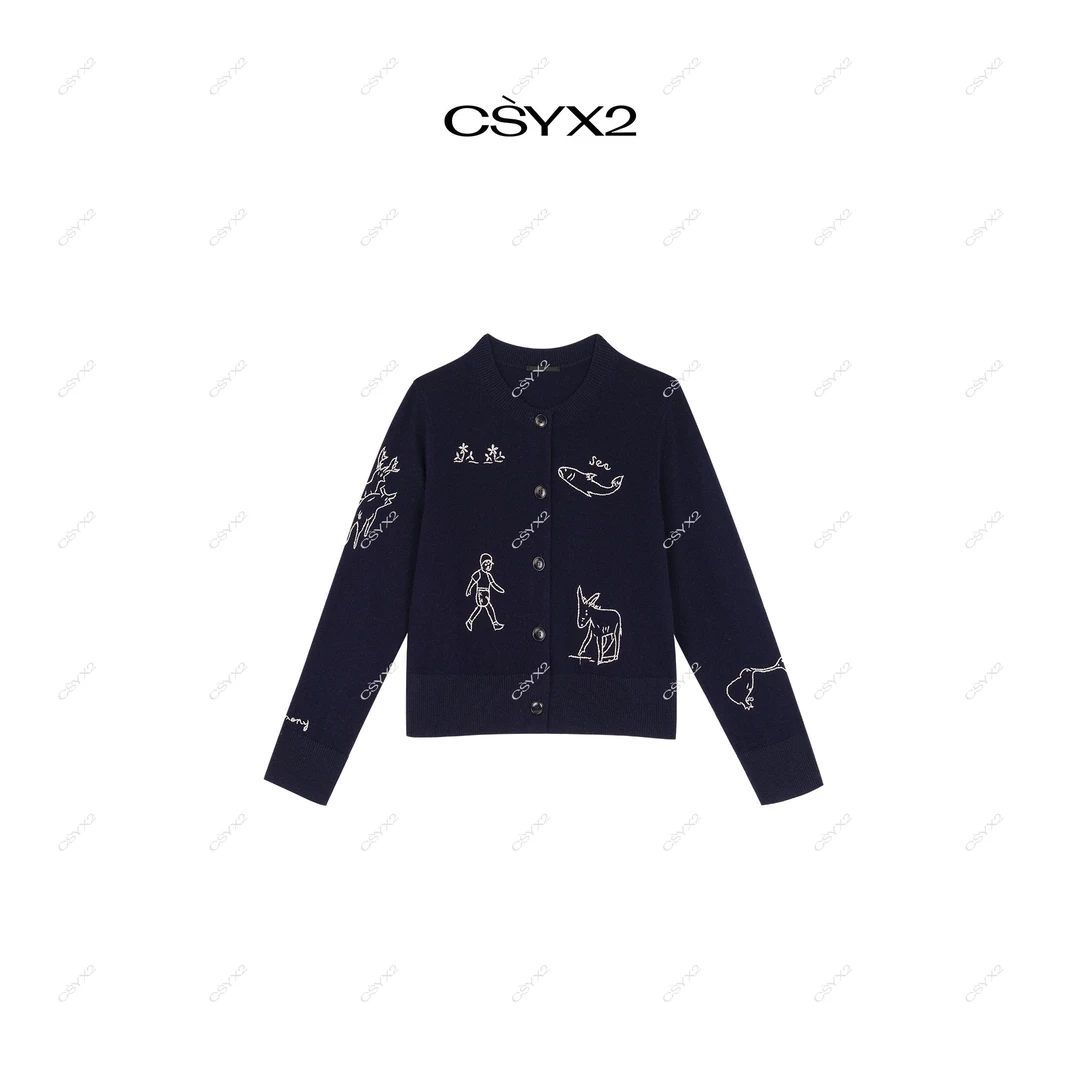 CsyX2-2025早秋新款100%羊毛童话趣味图案圆领单排扣开衫SC-0376