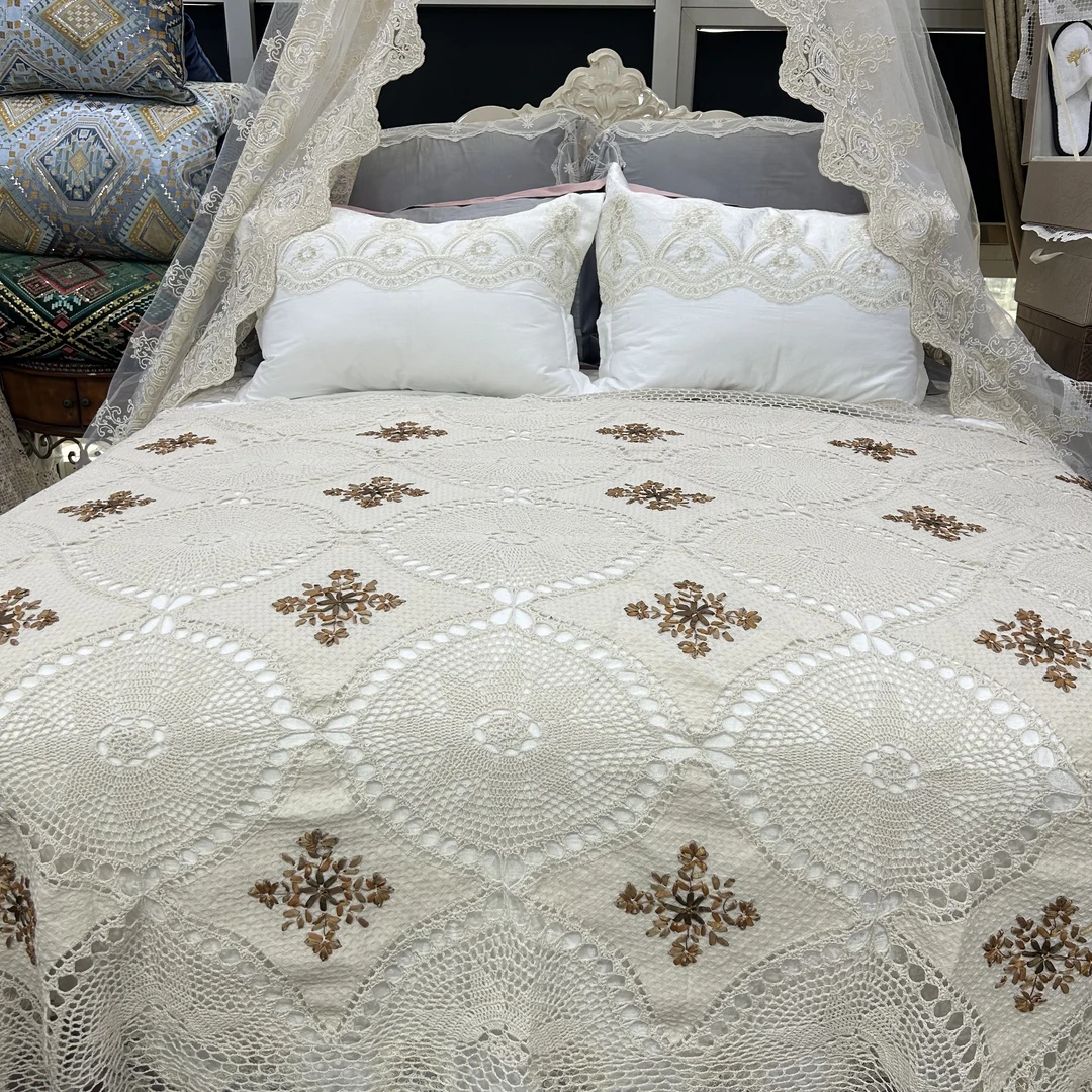 【TOYHAS】欧式田园风双人床纯棉手工针织床盖