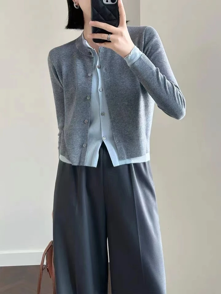 颜值担当美丽诺羊毛针织开衫撞色双层假两件设计小外套休闲百搭