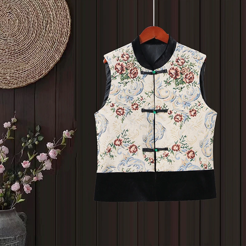 伍六新中式国风春秋新款提花马甲复古民族风国潮马夹立领盘扣