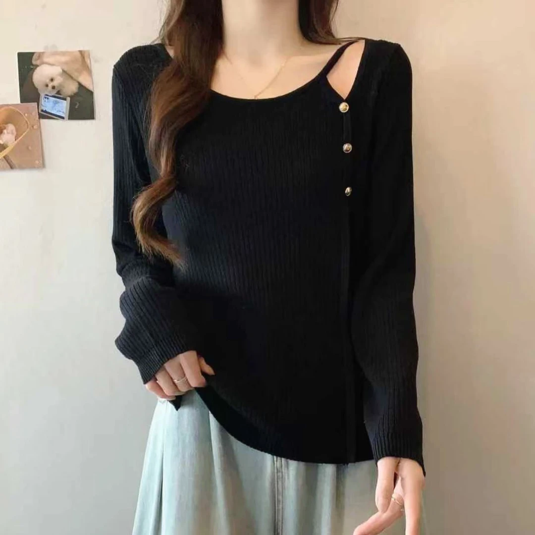 亏本清货露肩慵懒风小众设计减龄显瘦针织长袖上衣82312