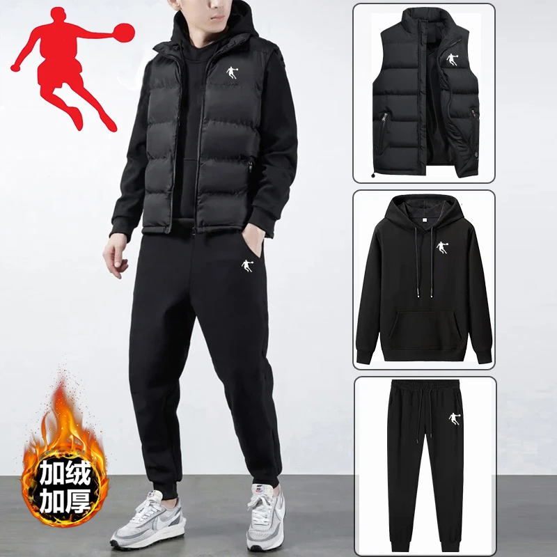 中国乔丹专卖秋冬季男士马甲卫衣套装男加绒加厚保暖休闲潮三件套
