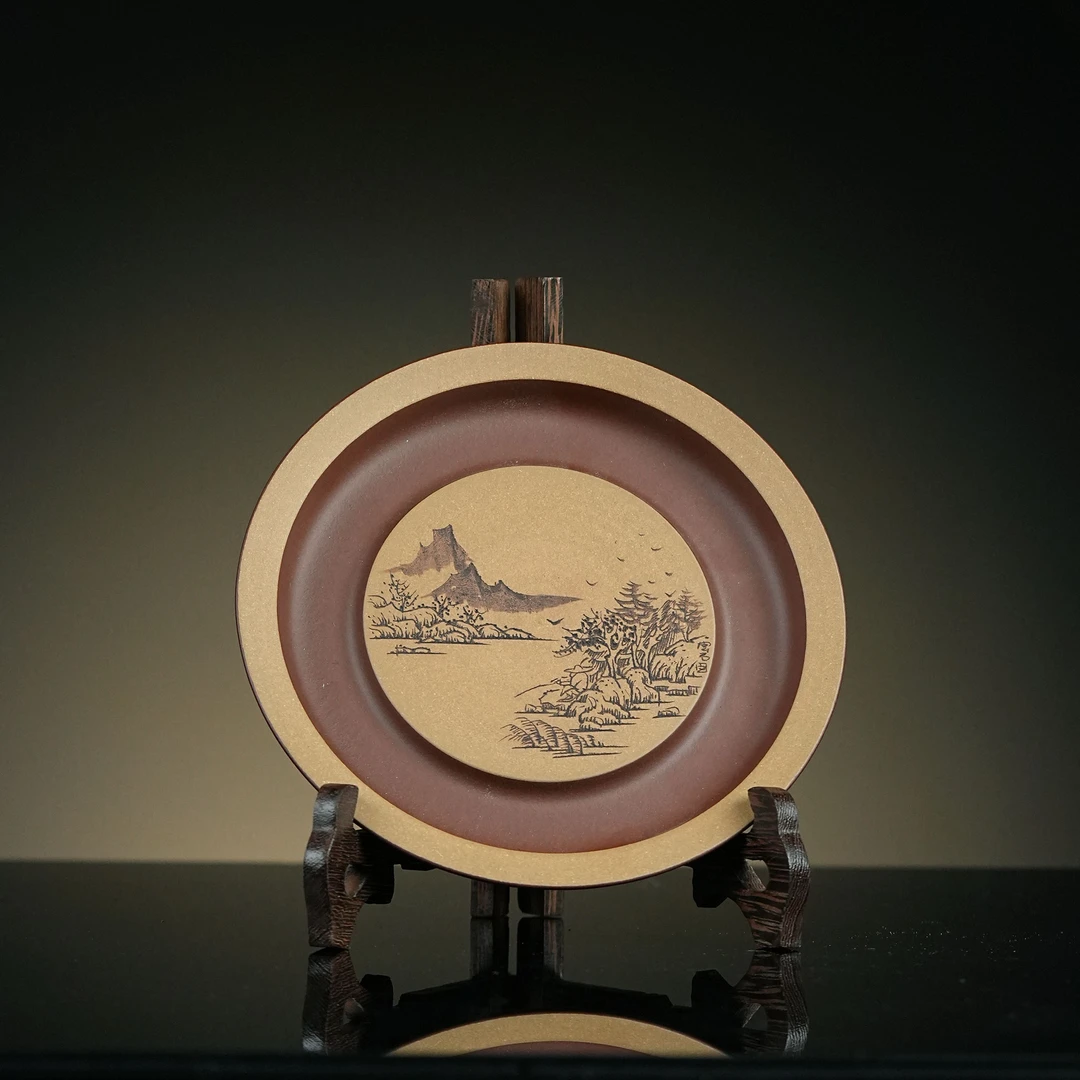 【利贞｜山水圆壶承】原矿紫砂 手工制作 宜兴紫砂茶盘干泡