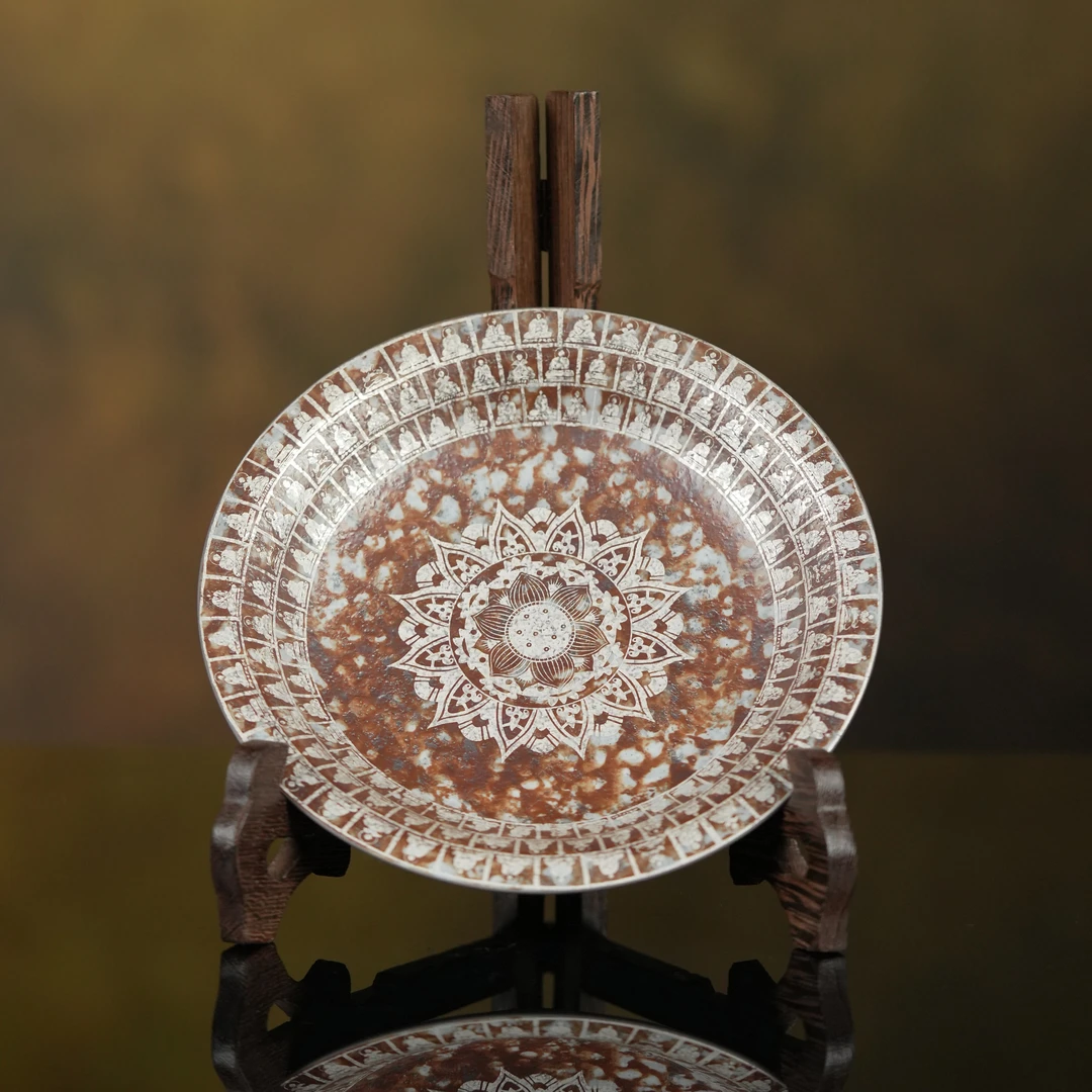 当代 【利贞l千佛鎏银壶承】粗陶 直径17cm 手工制 茶具 福利系列DC